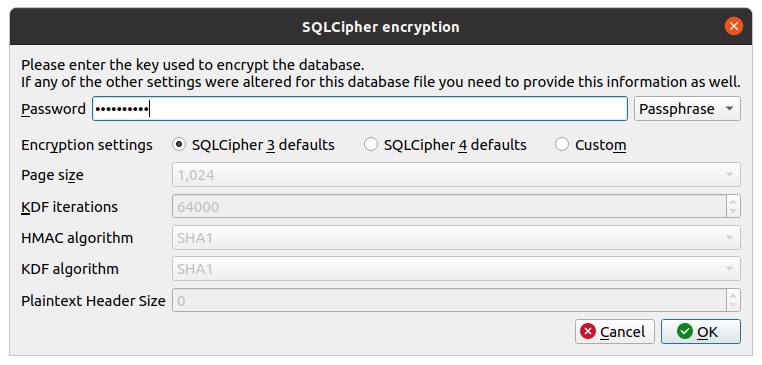 SQLCipher 3 Defaults